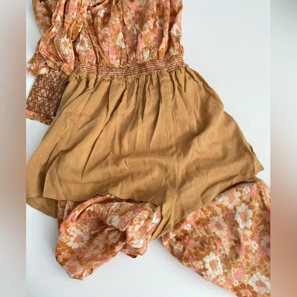 Spell Anne Smocked wide leg jumpsuit XS Peach antique floral off shoulder cotton - Picture 12 of 14